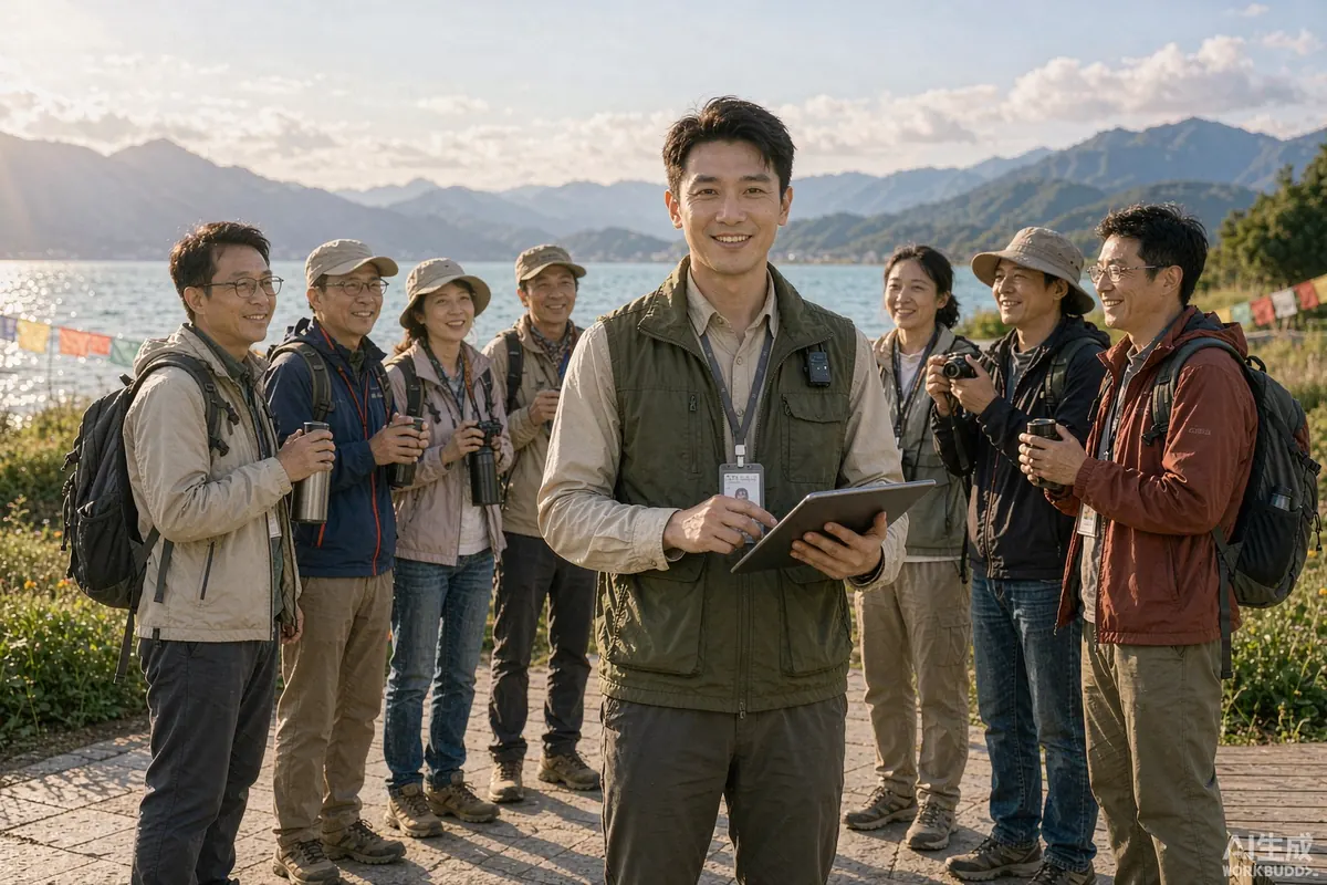 专业友好的当地向导手持平板电脑与旅行证件，与开心的小团游客在云南景点前合影