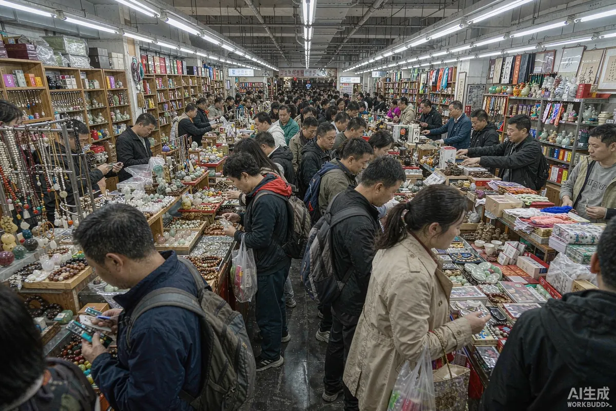 拥挤的旅游购物店内，大量游客在选购纪念品，气氛繁忙