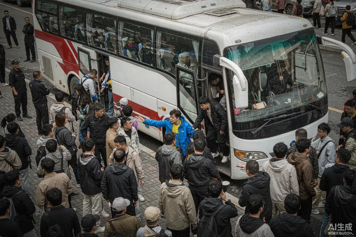 一辆满载游客的大型旅游大巴停靠在拥挤的景点，游客排长队上车