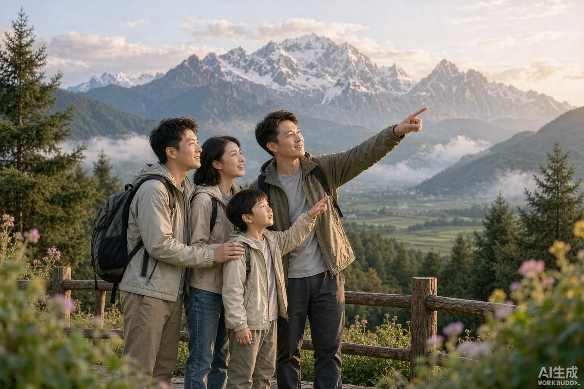 私人向导带着一家三口在云南旅行，互动自然温暖，背景是山景