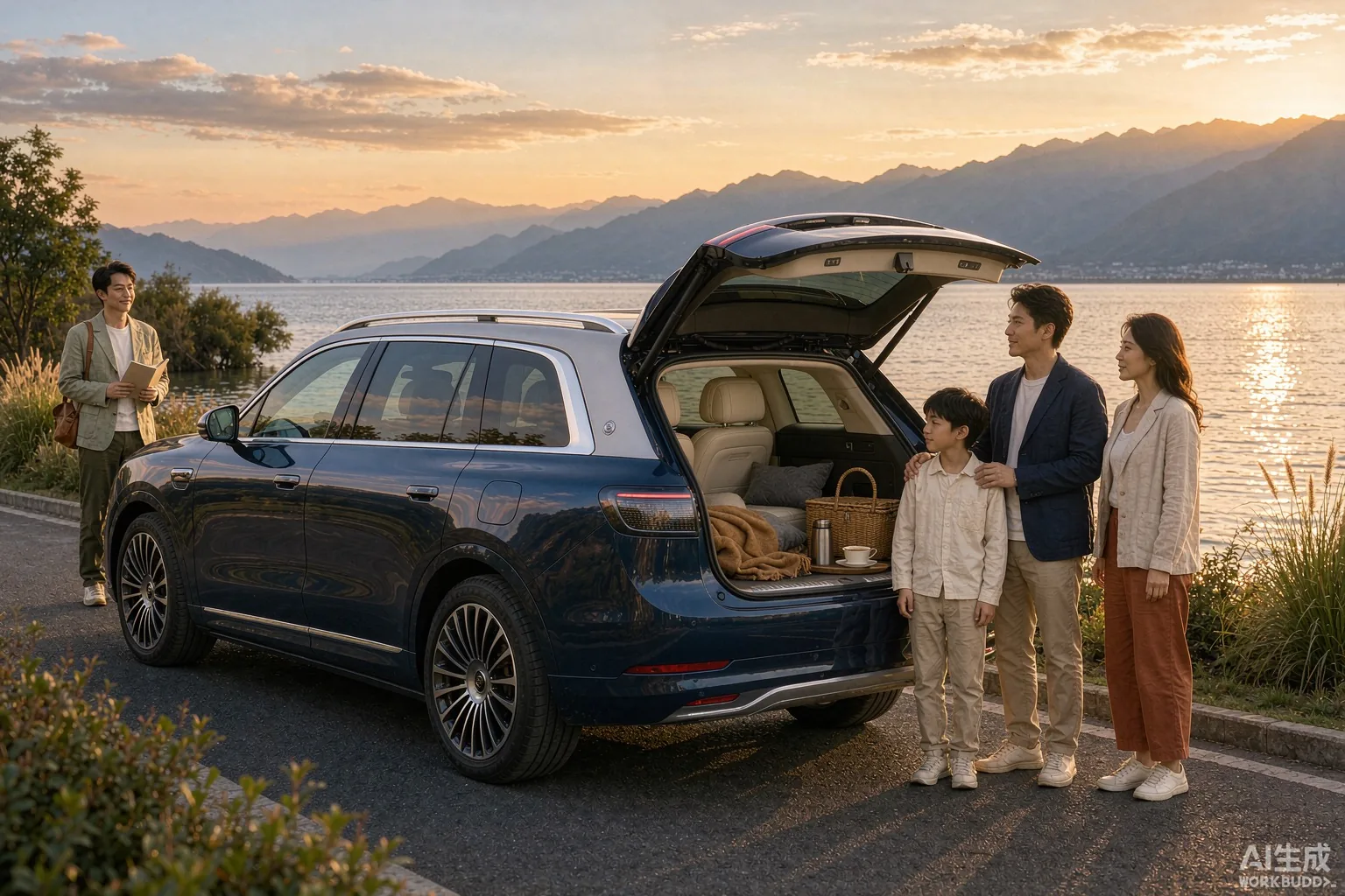 一辆舒适 SUV 停在洱海边，一家人在专属向导陪同下享受宁静的私人定制旅程