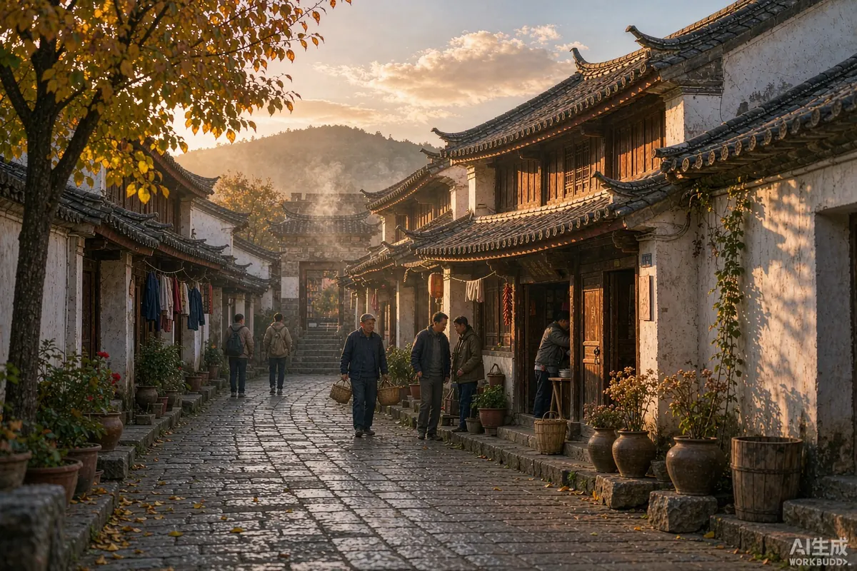 9月云南古城午后，金色阳光洒在青瓦与秋树上，安静有生活气