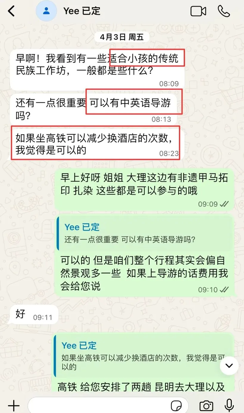 马来西亚一家 7 口在云南慢游 9 天:这趟私人定制凭什么让家长省心 · 沟通记录