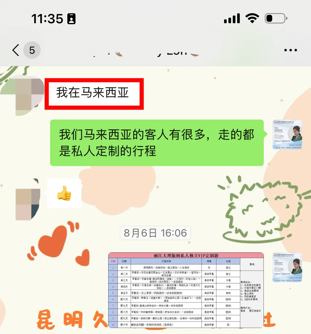 定制师排出的丽江大理西双版纳十日行程总表聊天截图