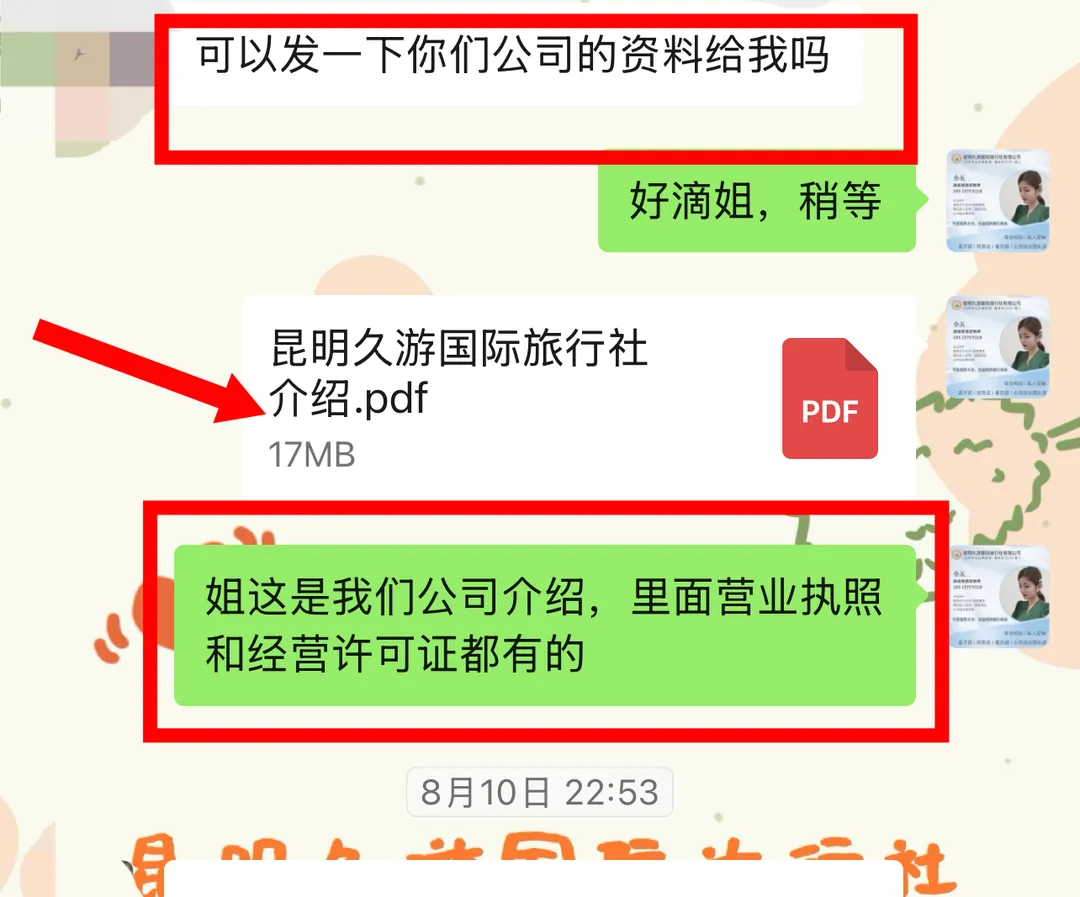聊天记录:发送公司介绍文件,内含营业执照与经营许可证